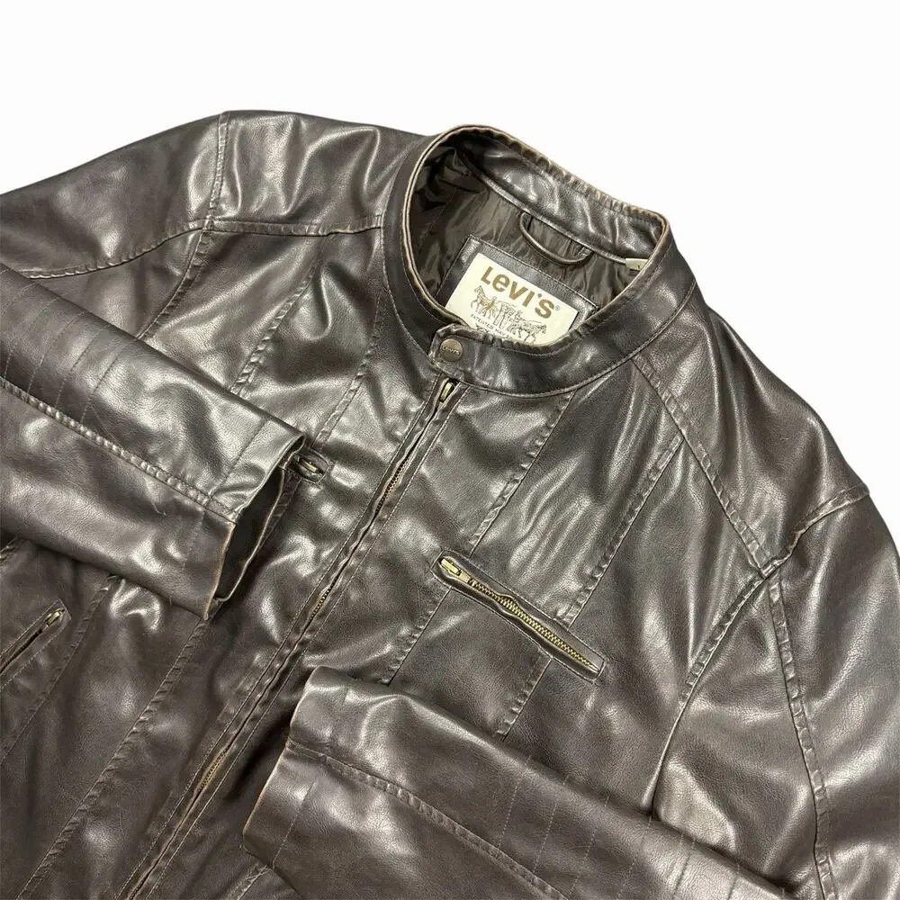Levi’s Men’s Large Black Faux Leather Moto Jacket Full Zip Distressed Biker